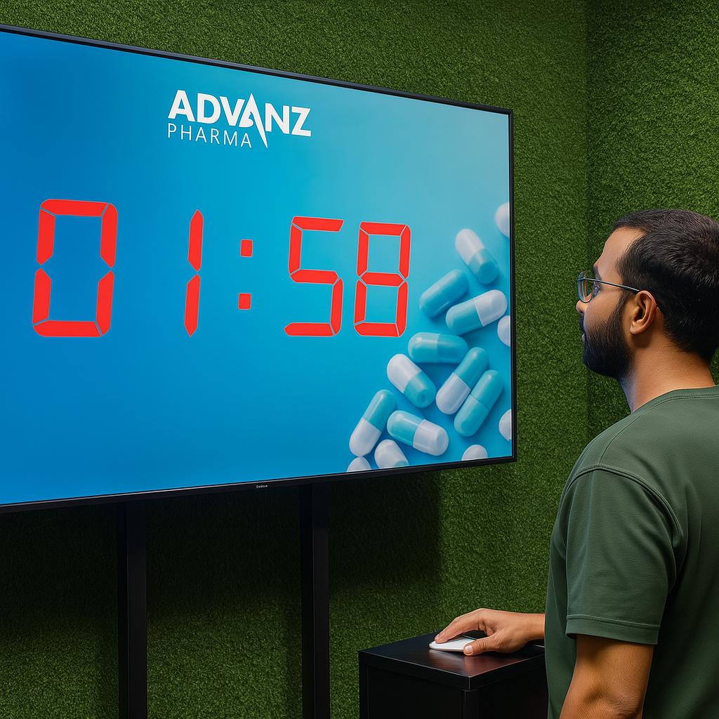 Guests playing Stop the Time interactive stopwatch game at a corporate event booth in Dubai, engaging with branded screen and trying to press the button at the perfect moment